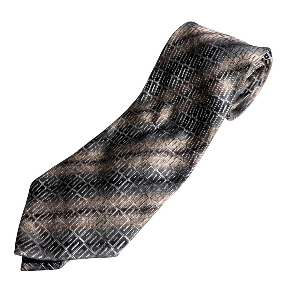 Campia Moda Mens Silk Tie Extra Long Geometric Grid Grey Taupe Bronze Hand Made‎